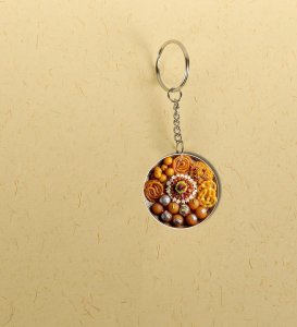 Vibrant Festival Sweet Platter with Decorative Delight Printed Round Keychain Pack of 2