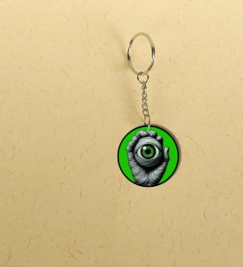 Alien Eyeball Held By Creepy Wrapped Hand Printed Round Keychain Pack of 2