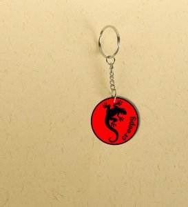 Striking Black Lizard Illustration Paired with Creepy Text Printed Round Keychain Pack of 2